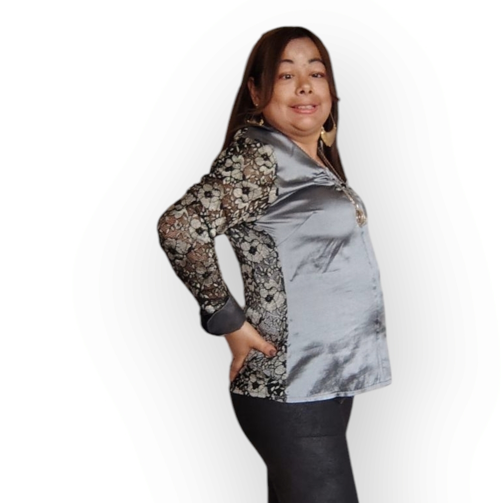 Laura Petites Medium Elegant Gray and Black Lace Women's Top